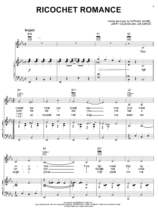 Learn to play Norman Gimbel Ricochet Romance sheet music for Piano, Vocal & Guitar Chords (Right-Hand Melody) in minutes. Price: 7.8900$ Norman Gimbel Ricochet Romance sheet music notes and chords arranged for Piano, Vocal & Guitar Chords (Right-Hand Melody)