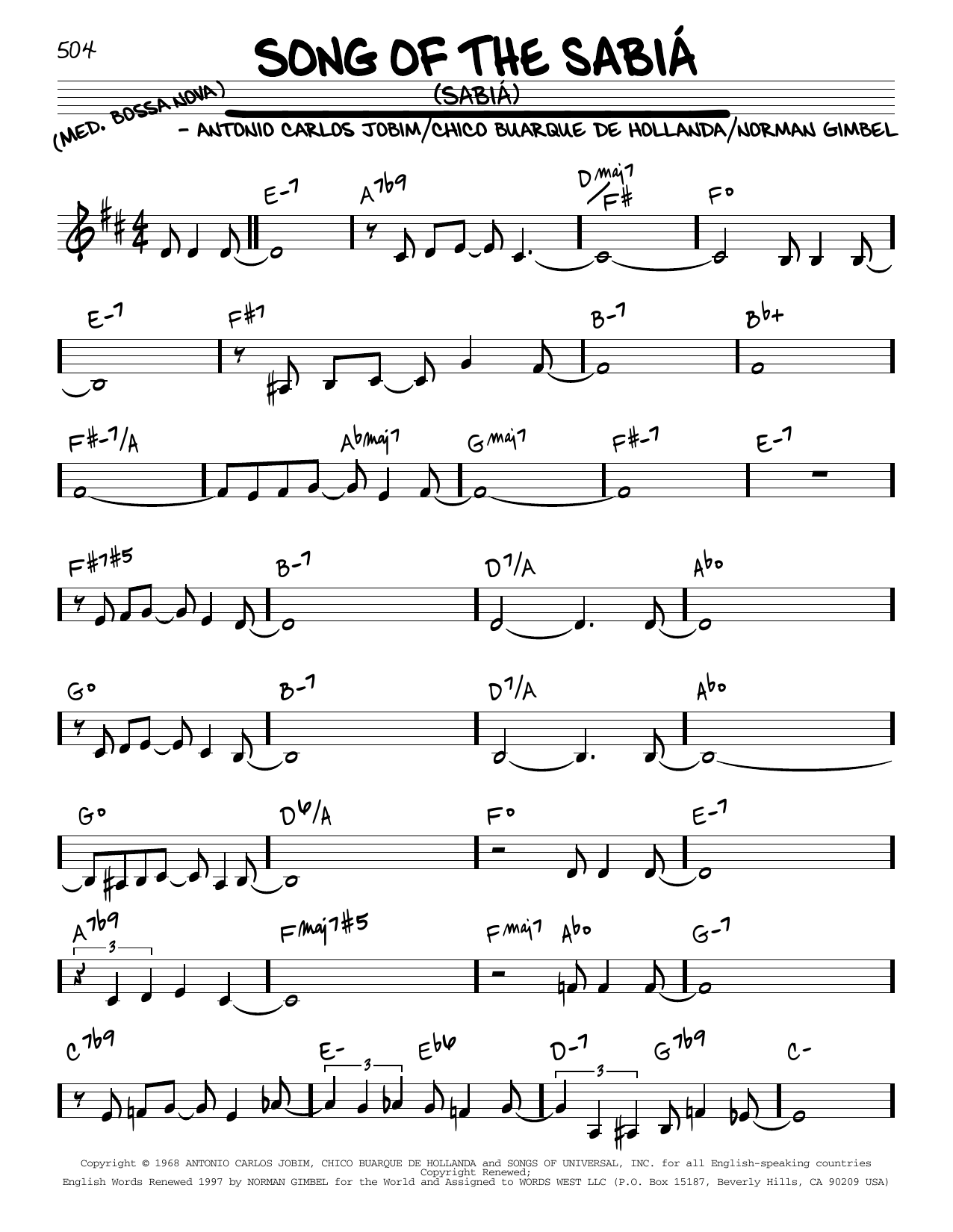 Learn to play Norman Gimbel Song Of The Sabiá (Sabiá) sheet music for Real Book – Melody & Chords in minutes. Price: 5.9900$ Norman Gimbel Song Of The Sabiá (Sabiá) sheet music notes and chords arranged for Real Book – Melody & Chords