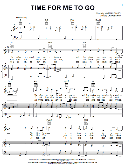Learn to play Norman Gimbel Time For Me To Go sheet music for Piano, Vocal & Guitar Chords (Right-Hand Melody) in minutes. Price: 7.8900$ Norman Gimbel Time For Me To Go sheet music notes and chords arranged for Piano, Vocal & Guitar Chords (Right-Hand Melody)