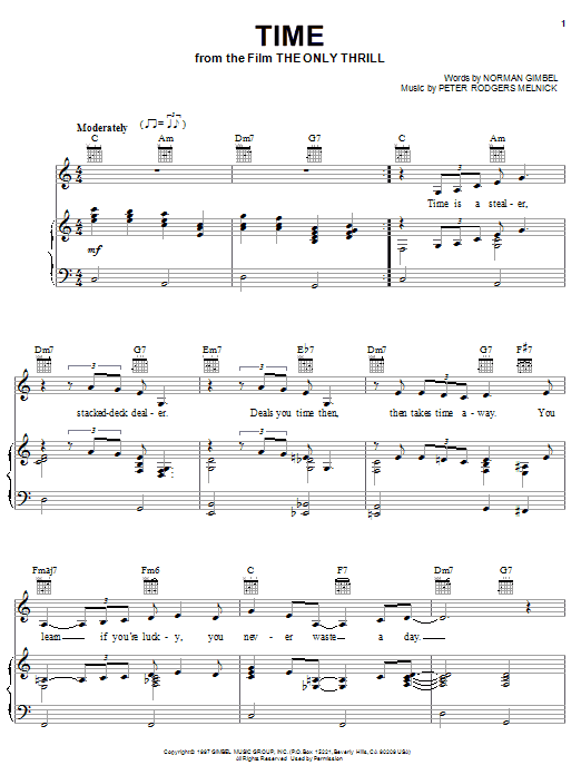 Learn to play Norman Gimbel Time sheet music for Piano, Vocal & Guitar Chords (Right-Hand Melody) in minutes. Price: 7.8900$ Norman Gimbel Time sheet music notes and chords arranged for Piano, Vocal & Guitar Chords (Right-Hand Melody)