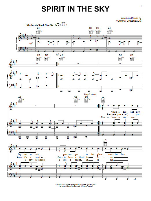 Norman Greenbaum Spirit In The Sky sheet music notes and chords. Download Printable PDF.