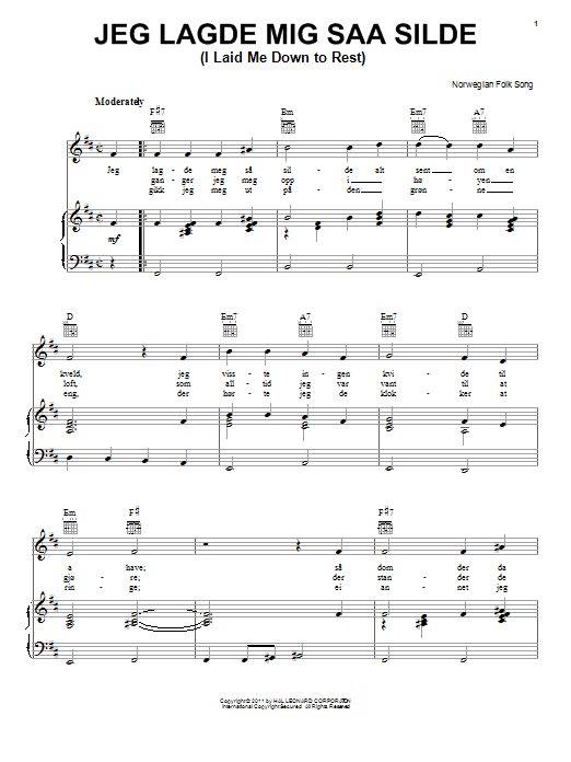 Learn to play Norwegian Folksong Jeg Lagde Mig Saa Silde (I Laid Me Down To Rest) sheet music for Piano, Vocal & Guitar Chords (Right-Hand Melody) in minutes. Price: 7.8900$ Norwegian Folksong Jeg Lagde Mig Saa Silde (I Laid Me Down To Rest) sheet music notes and chords arranged for Piano, Vocal & Guitar Chords (Right-Hand Melody)