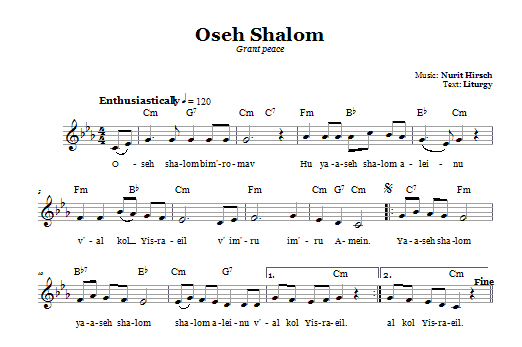 Learn to play Nurit Hirsch Oseh Shalom (Grant Peace) sheet music for Lead Sheet / Fake Book in minutes. Price: 5.9900$ Nurit Hirsch Oseh Shalom (Grant Peace) sheet music notes and chords arranged for Lead Sheet / Fake Book