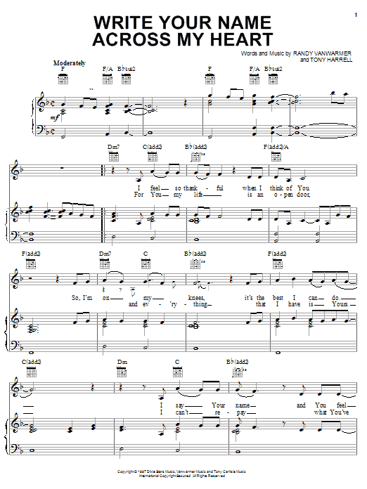 Learn to play Oak Ridge Boys Write Your Name Across My Heart sheet music for Piano, Vocal & Guitar Chords (Right-Hand Melody) in minutes. Price: 7.8900$ Oak Ridge Boys Write Your Name Across My Heart sheet music notes and chords arranged for Piano, Vocal & Guitar Chords (Right-Hand Melody)