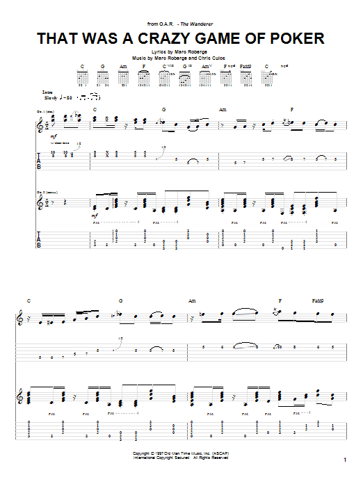 Learn to play O.A.R. That Was A Crazy Game Of Poker sheet music for Guitar Tab in minutes. Price: 7.8900$ O.A.R. That Was A Crazy Game Of Poker sheet music notes and chords arranged for Guitar Tab