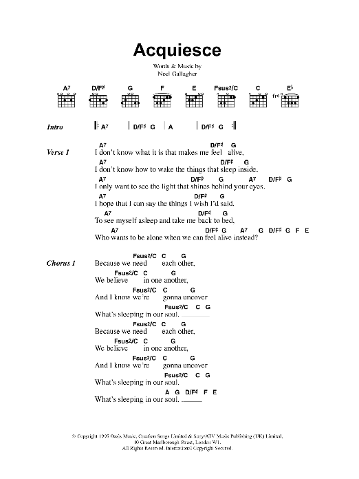 Oasis Acquiesce sheet music notes and chords. Download Printable PDF.