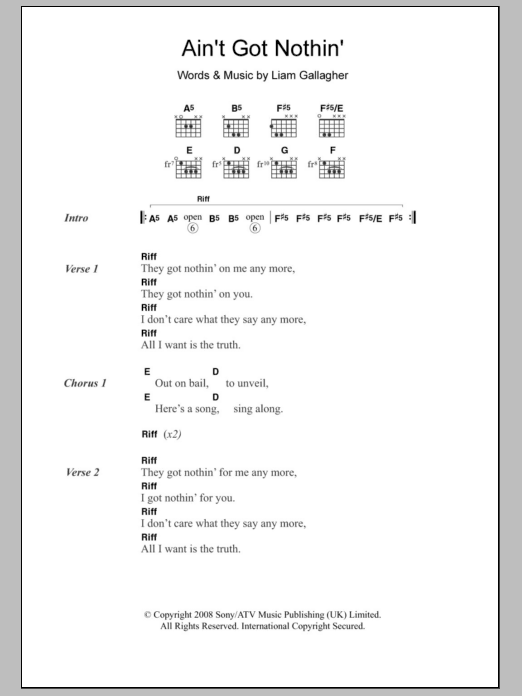 Oasis Ain't Got Nothin' sheet music notes and chords. Download Printable PDF.