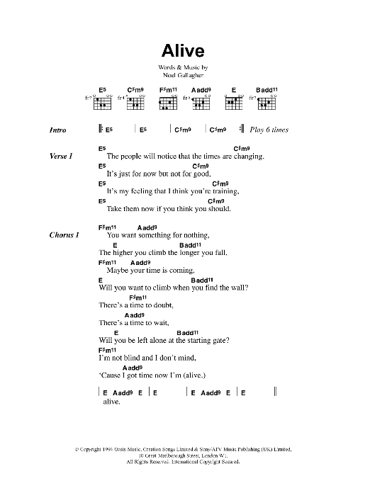 Oasis Alive sheet music notes and chords arranged for Guitar Chords/Lyrics