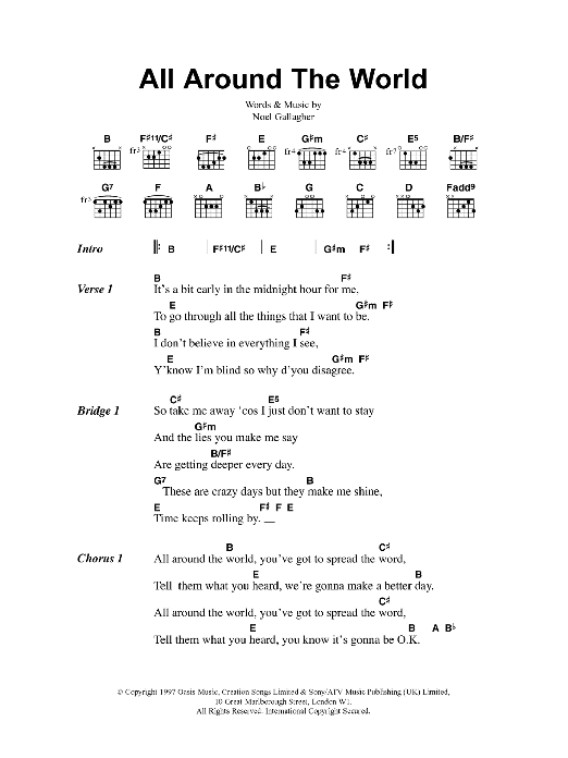 Oasis All Around The World sheet music notes and chords. Download Printable PDF.