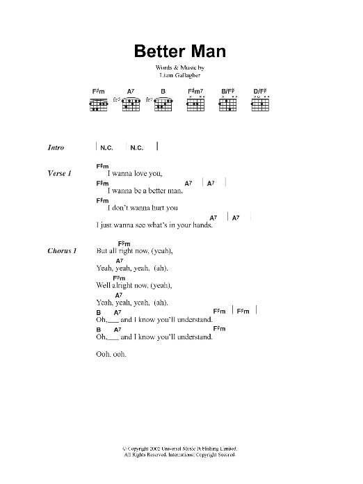 Oasis Better Man sheet music notes and chords. Download Printable PDF.