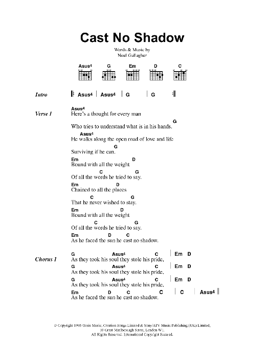 Oasis Cast No Shadow sheet music notes and chords arranged for Piano, Vocal & Guitar Chords