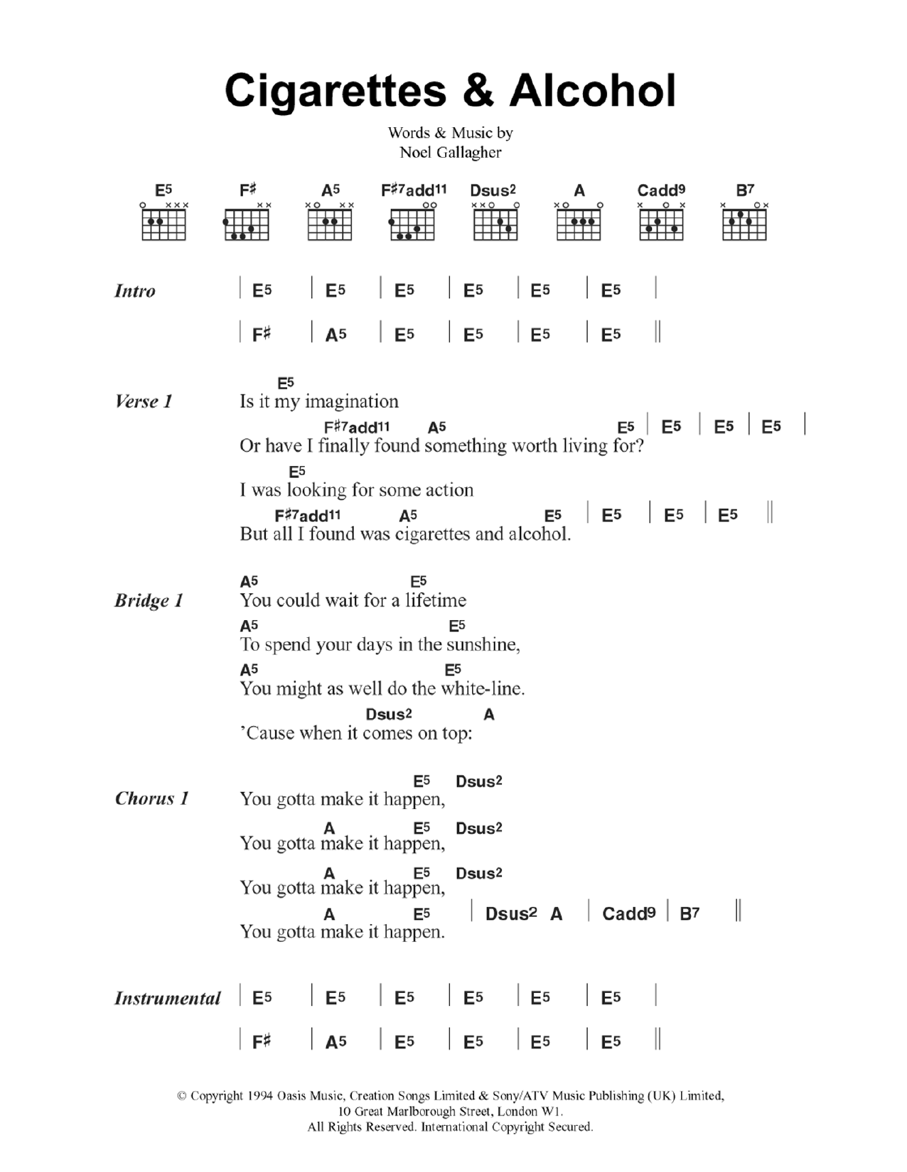 Oasis Cigarettes and Alcohol sheet music notes and chords. Download Printable PDF.