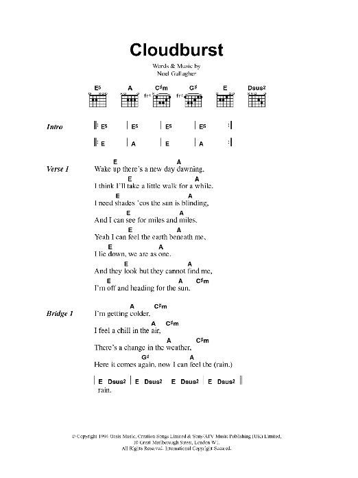 Oasis Cloudburst sheet music notes and chords. Download Printable PDF.