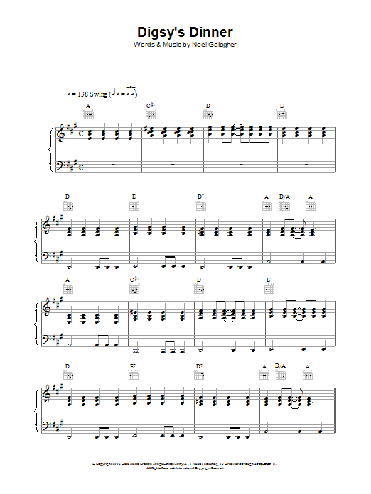 Oasis Digsy's Dinner sheet music notes and chords arranged for Piano, Vocal & Guitar Chords