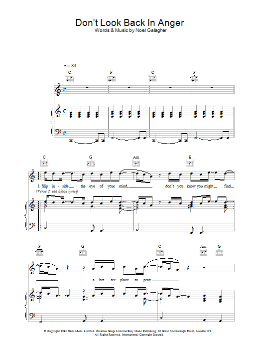 Oasis Don't Look Back In Anger sheet music notes and chords arranged for Beginner Piano (Abridged)