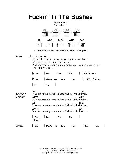 Oasis Fuckin' In The Bushes sheet music notes and chords. Download Printable PDF.