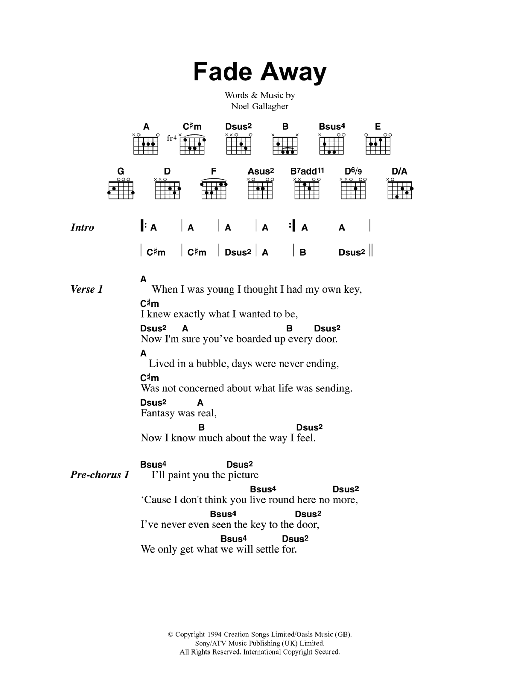 Oasis Fade Away sheet music notes and chords. Download Printable PDF.