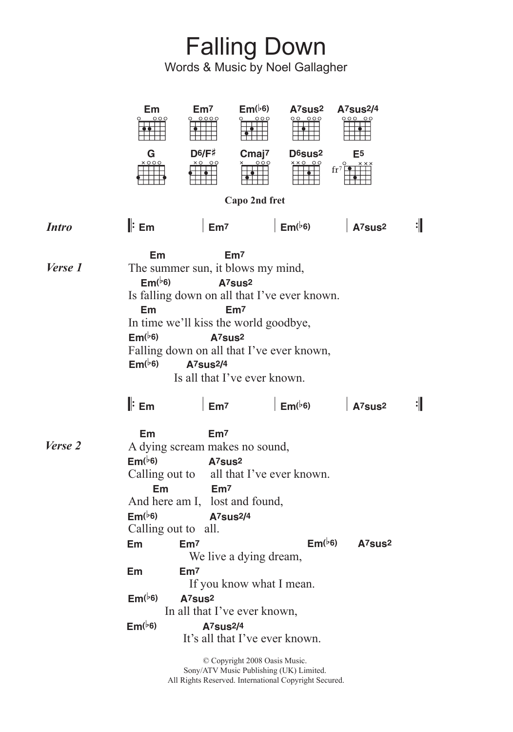 Oasis Falling Down sheet music notes and chords. Download Printable PDF.