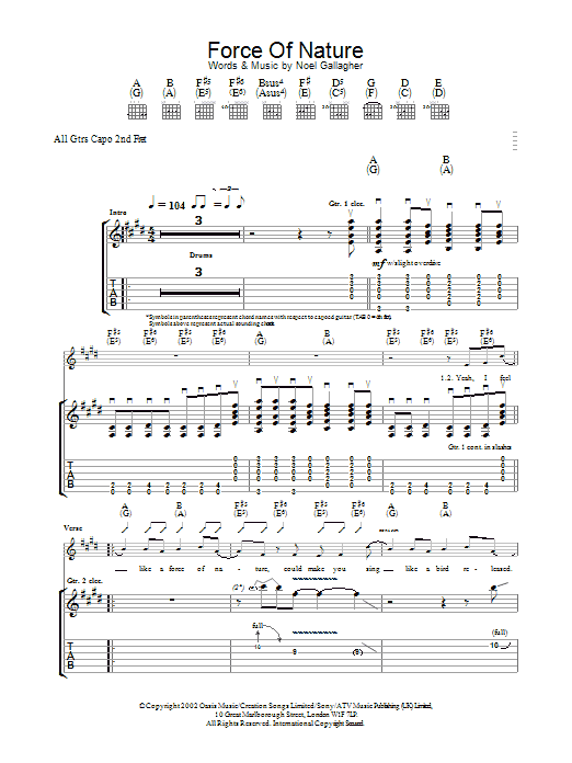 Oasis Force Of Nature sheet music notes and chords. Download Printable PDF.