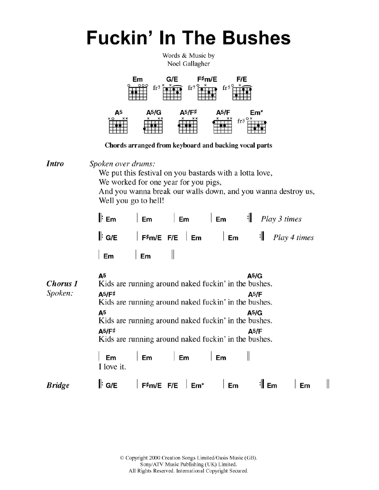 Oasis Fuckin' In The Bushes sheet music notes and chords arranged for Guitar Chords/Lyrics