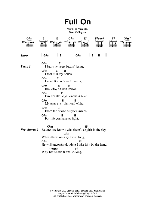 Oasis Full On sheet music notes and chords. Download Printable PDF.