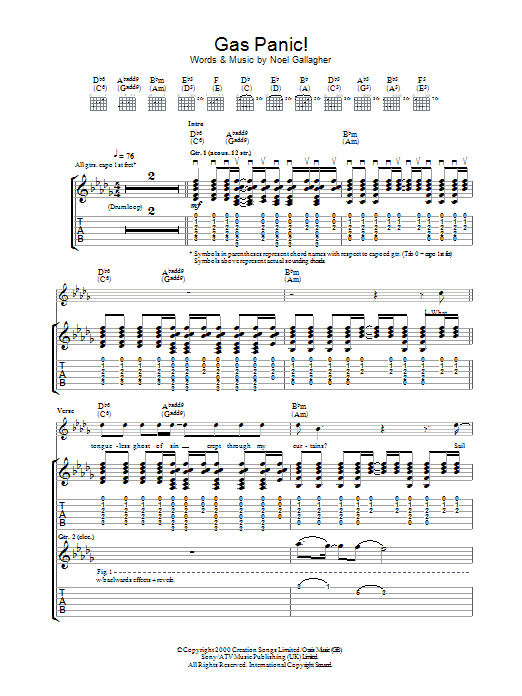 Oasis Gas Panic! sheet music notes and chords. Download Printable PDF.