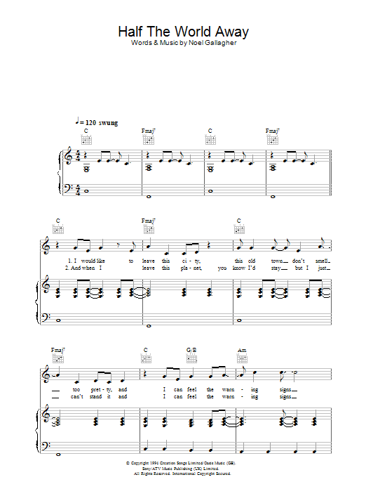 Oasis Half The World Away sheet music notes and chords. Download Printable PDF.