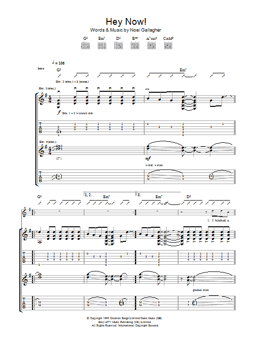 Learn to play Oasis Hey Now sheet music for Guitar Tab in minutes. Price: 7.8900$ Oasis Hey Now sheet music notes and chords arranged for Guitar Tab