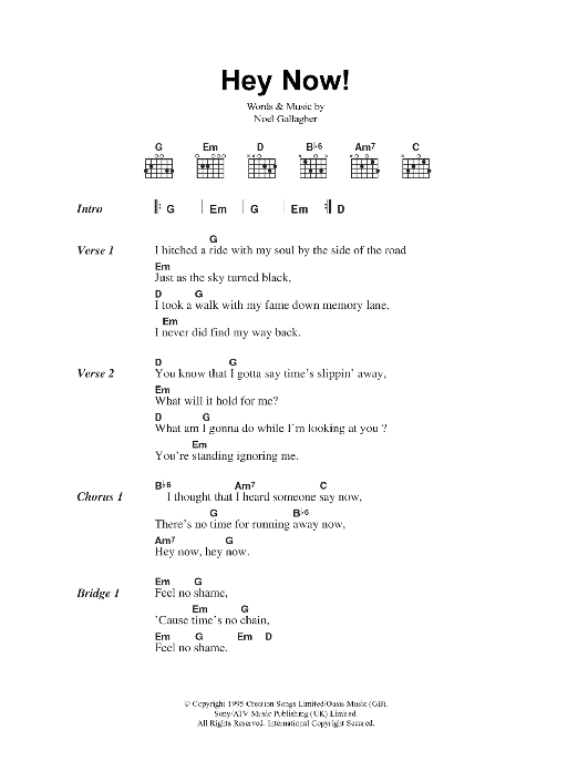 Oasis Hey Now sheet music notes and chords arranged for Piano, Vocal & Guitar Chords