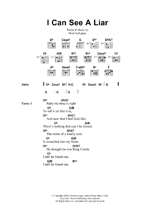 Oasis I Can See A Liar sheet music notes and chords arranged for Piano, Vocal & Guitar Chords