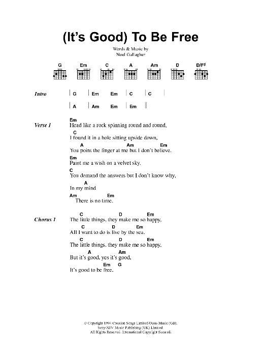 Oasis (It's Good) To Be Free sheet music notes and chords. Download Printable PDF.