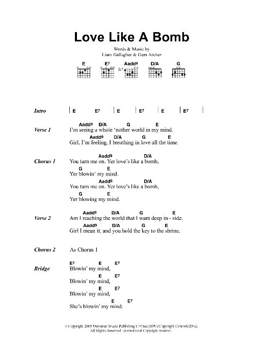 Oasis Love Like A Bomb sheet music notes and chords. Download Printable PDF.