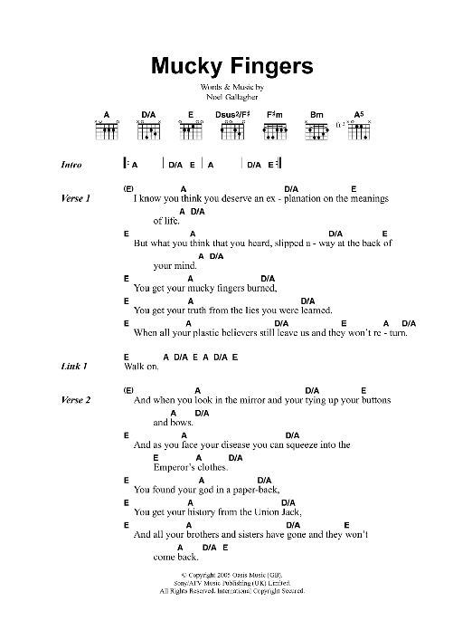 Oasis Mucky Fingers sheet music notes and chords. Download Printable PDF.