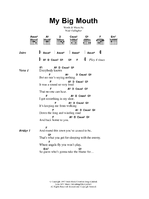 Oasis My Big Mouth sheet music notes and chords arranged for Guitar Chords/Lyrics