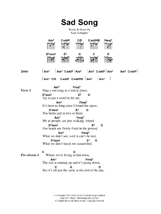 Oasis Sad Song sheet music notes and chords. Download Printable PDF.