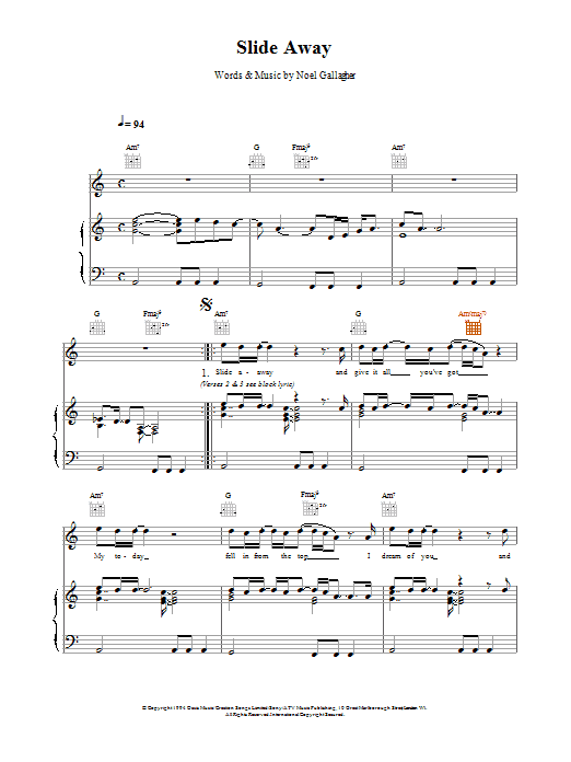 Oasis Slide Away sheet music notes and chords. Download Printable PDF.