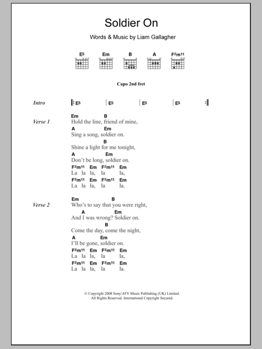 Oasis Soldier On sheet music notes and chords. Download Printable PDF.