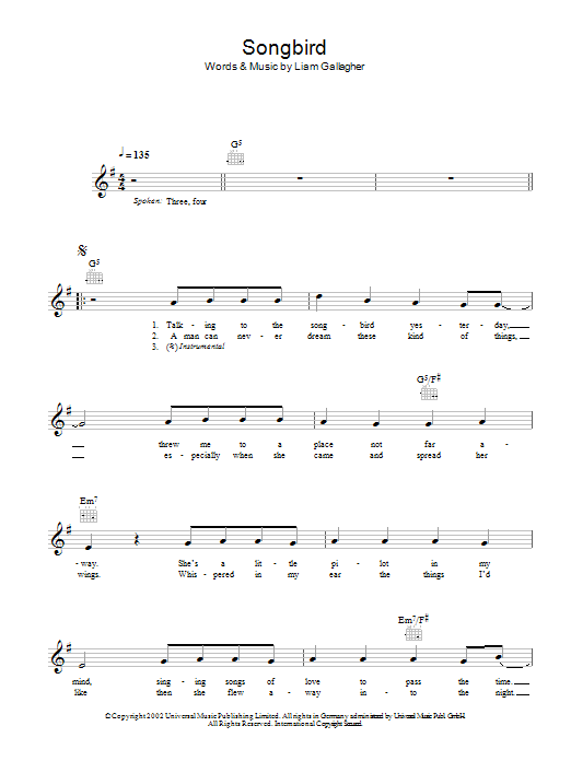 Oasis Songbird sheet music notes and chords. Download Printable PDF.