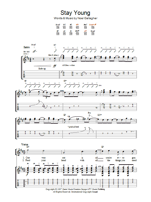 Oasis Stay Young sheet music notes and chords arranged for Guitar Tab