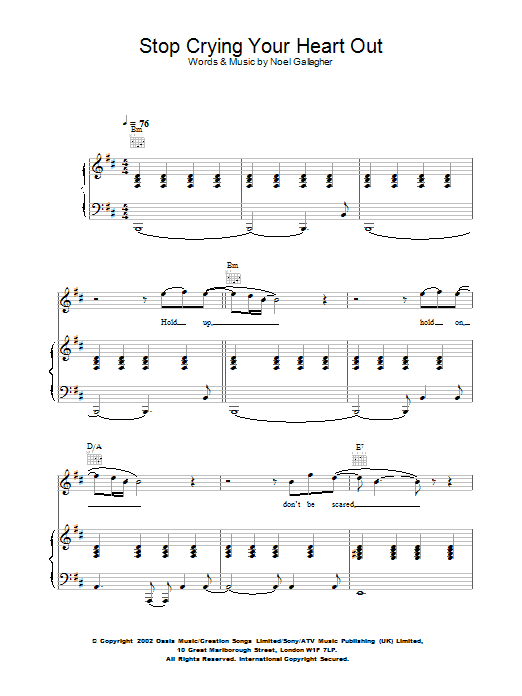 Oasis Stop Crying Your Heart Out sheet music notes and chords. Download Printable PDF.