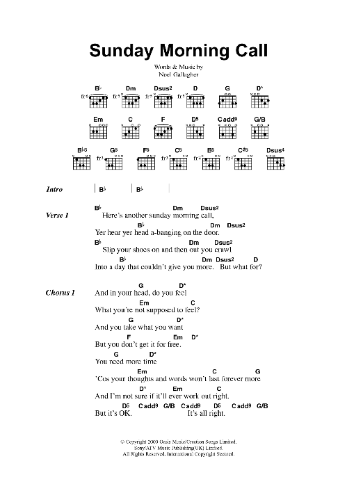 Oasis Sunday Morning Call sheet music notes and chords. Download Printable PDF.