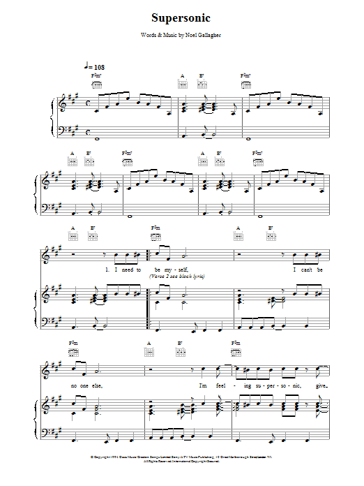 Oasis Supersonic sheet music notes and chords. Download Printable PDF.