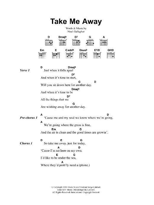 Oasis Take Me Away sheet music notes and chords. Download Printable PDF.