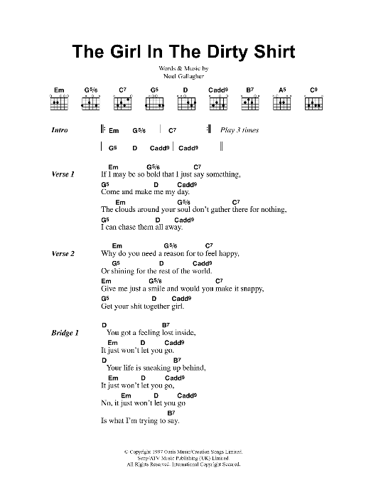 Oasis The Girl In The Dirty Shirt sheet music notes and chords. Download Printable PDF.