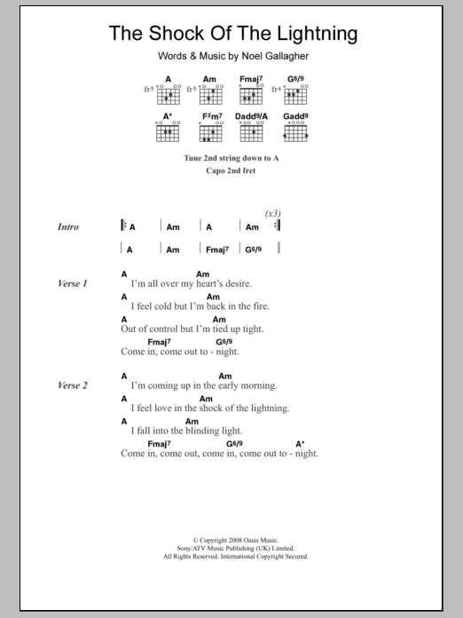 Oasis The Shock Of The Lightning sheet music notes and chords arranged for Piano, Vocal & Guitar Chords