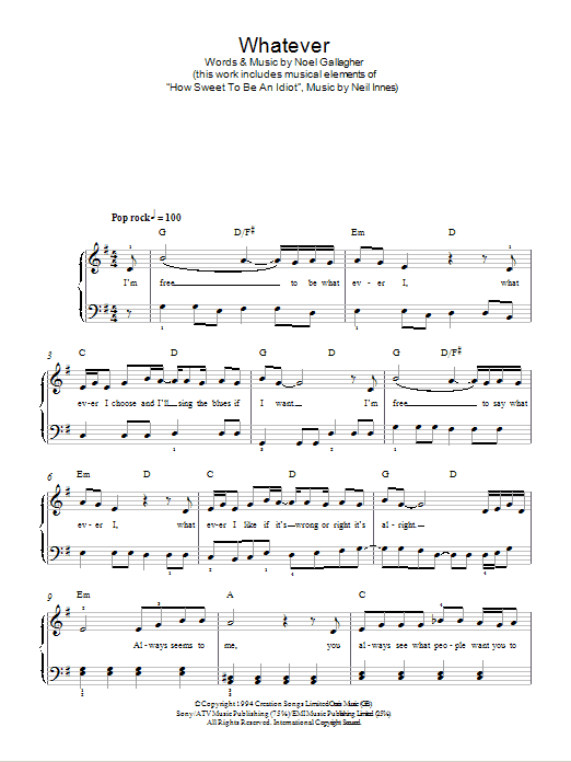 Oasis Whatever sheet music notes and chords. Download Printable PDF.