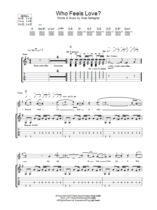 Oasis Who Feels Love? sheet music notes and chords. Download Printable PDF.