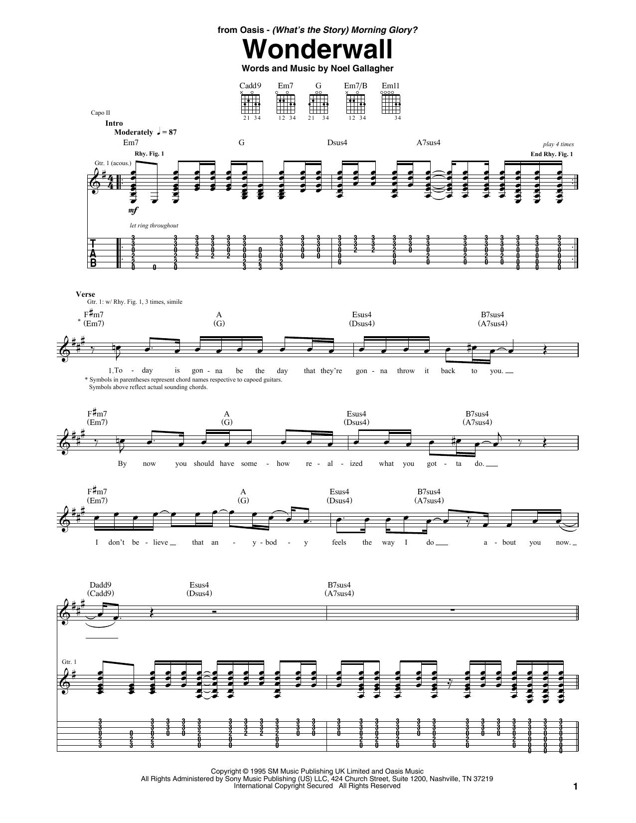 Oasis Wonderwall sheet music notes and chords arranged for Piano, Vocal & Guitar Chords (Right-Hand Melody)