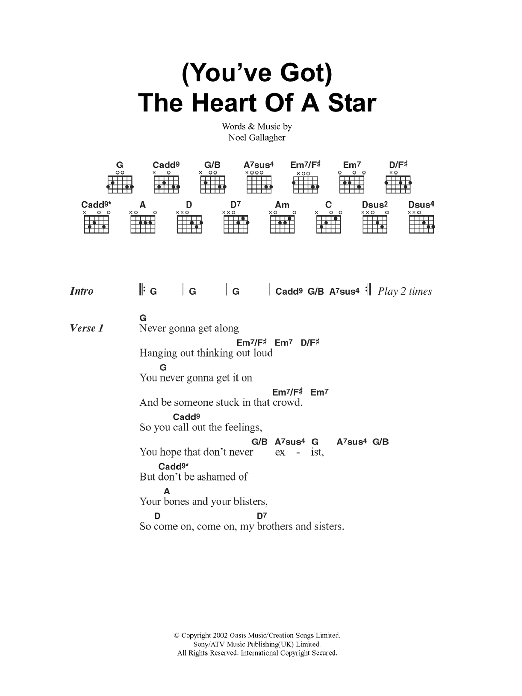 Oasis You've Got The Heart Of A Star sheet music notes and chords. Download Printable PDF.