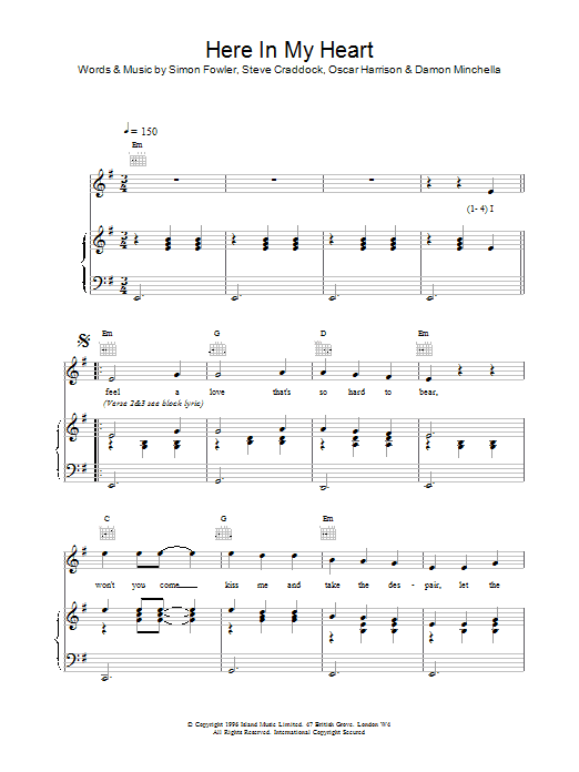 Learn to play Ocean Colour Scene Here In My Heart sheet music for Piano, Vocal & Guitar Chords in minutes. Price: 7.8900$ Ocean Colour Scene Here In My Heart sheet music notes and chords arranged for Piano, Vocal & Guitar Chords